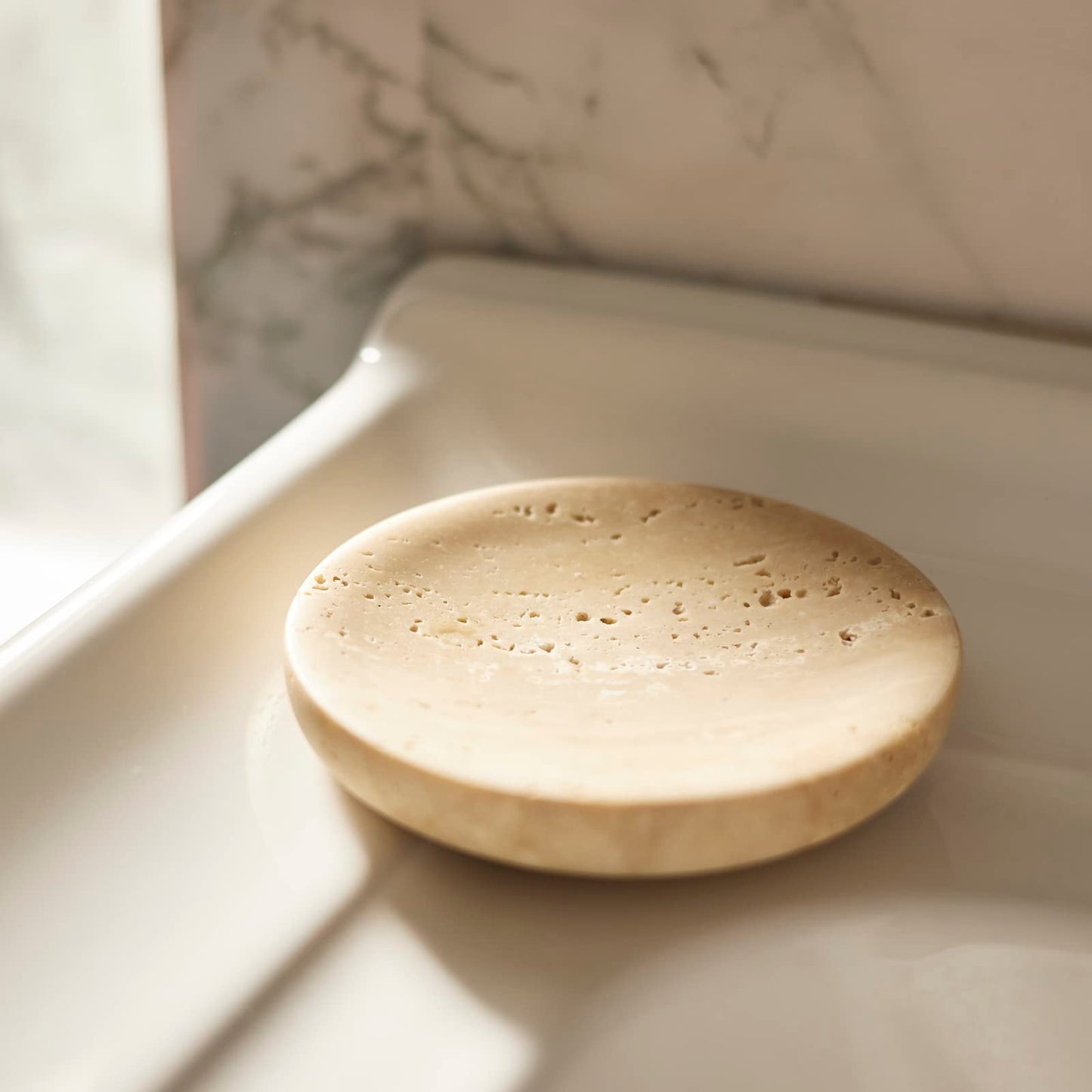 PHINILUX Round Travertine Tray for Jewelry, Marble Trinket Dish Tray, Nightstand Decor, Coaster, Soap Dish,Sponge Holder for Bathroom, Beige