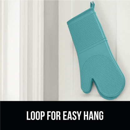 GORILLA GRIP BPA-Free Soft Silicone Oven Mitts and Pot Holders Sets, Heat Resistant Waterproof Cooking Gloves, Thick Cotton Lining, Flexible Gripping for Baking Grilling, Kitchen Trivets, Turquoise