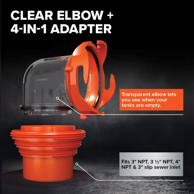 Camco RhinoFLEX 15-Ft Camper/RV Sewer Hose Kit - Features Clear Elbow Fitting w/Removable 4-in-1 Adapter - Connects to 3” Slip or 3”/3.5”/4” NPT Threaded Sewer Connection (39761)