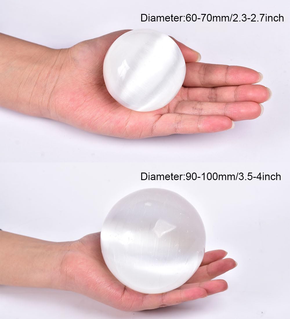 JIC Gem 3.5-4 Inch(90-100mm) Selenite Crystal Sphere with Wooden Stand Healing Crystal Ball for Meditation, Home Decoration