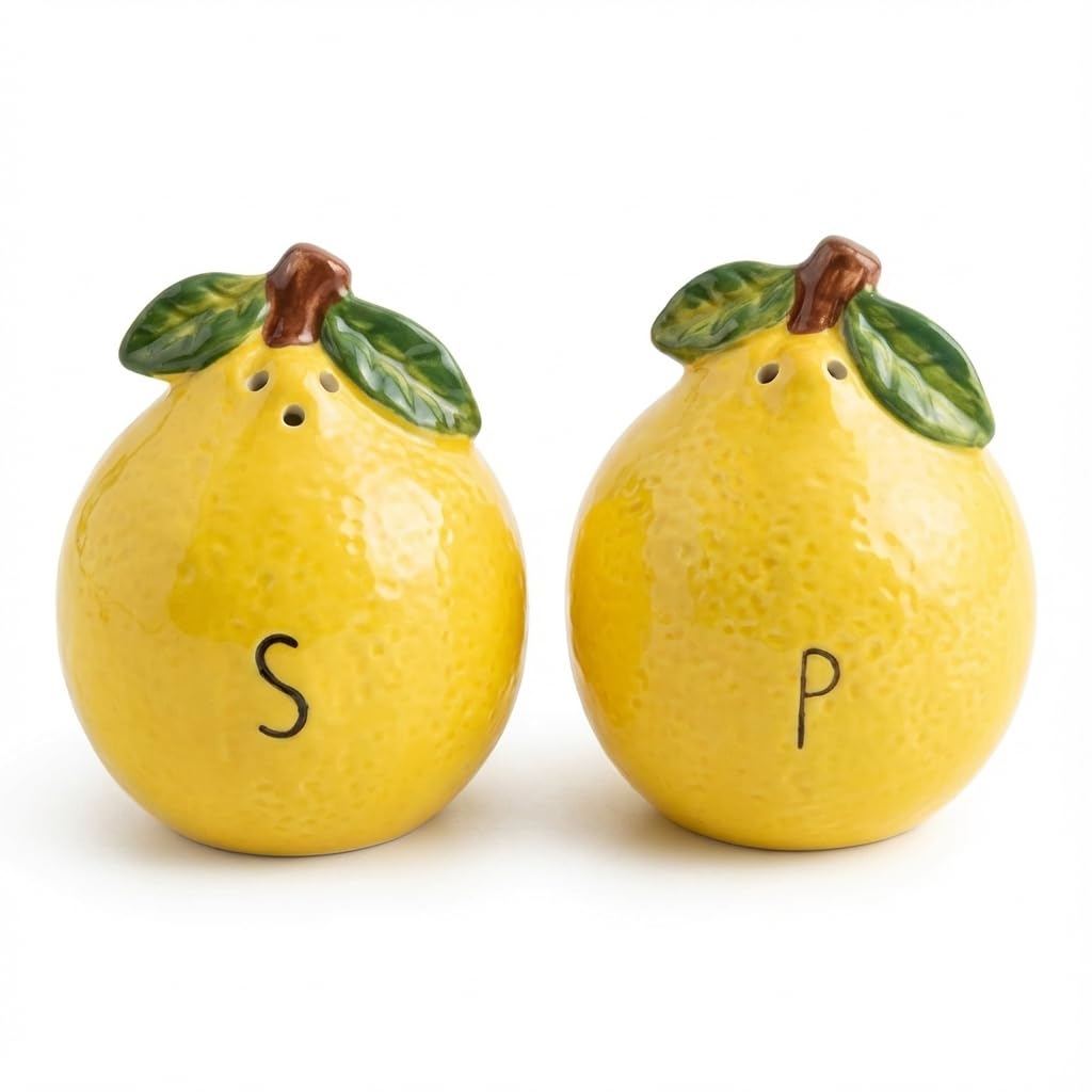 Whistywares Lemon Salt and Pepper Shakers Set - Colorful Ceramic Design - 200ml, 105g - Non-Fading, Dishwasher Safe, Easy Refill - Stable Base - Citrus Kitchen Essential, Home Decoration