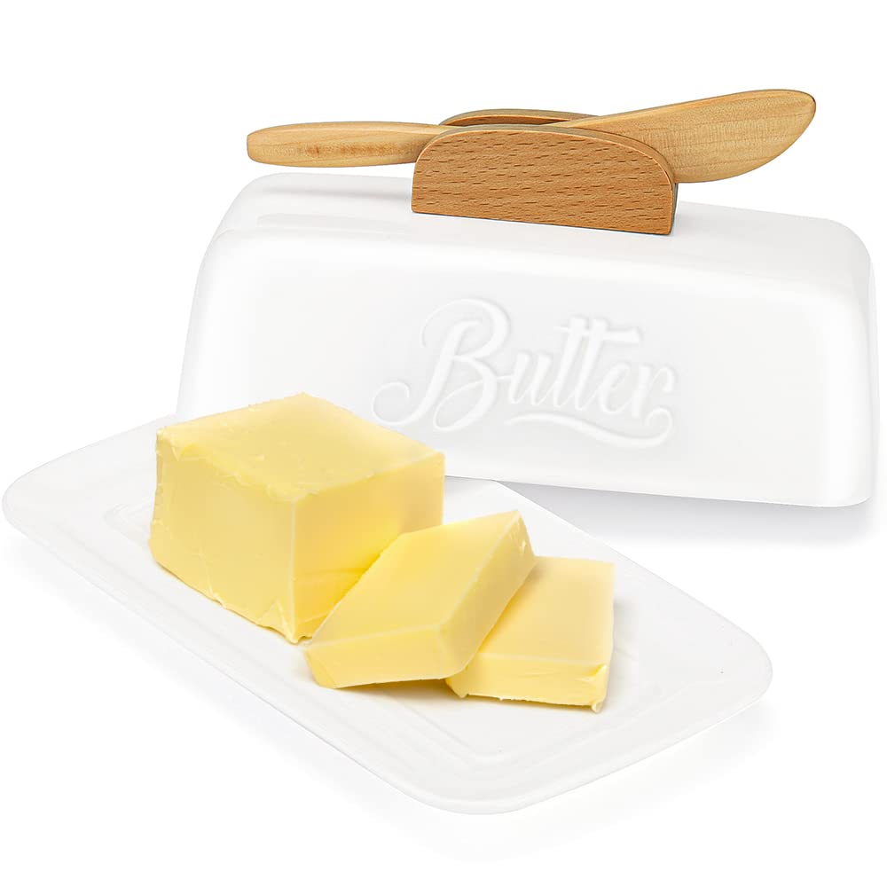 Butter Dish with Lid and Knife Ceramic Butter Holder for Counter Humanized Clamp-able Knife Handle Design, Perfect for East West Coast Butter, White