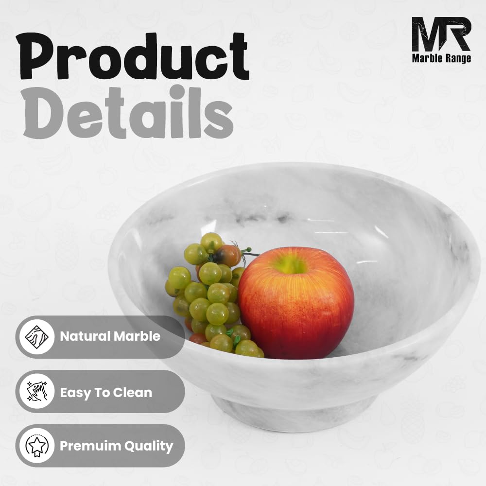 Marble Fruit Bowl For Kitchen Counter White 10" Inch Handmade Fruit Dish, Decorative Bowls For Entryway Table, Modern Candy Bowl For Kitchen Storage