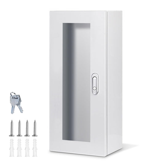 Fire Extinguisher Cabinet Wall and Surface Mount for 5-12 pounds Extinguisher, 23.6" H x 10.2" W x 6.7"D White Steel Fire Extinguisher Mount with Lock for Indoor Outdoor, with Full Clear Acrylic Door