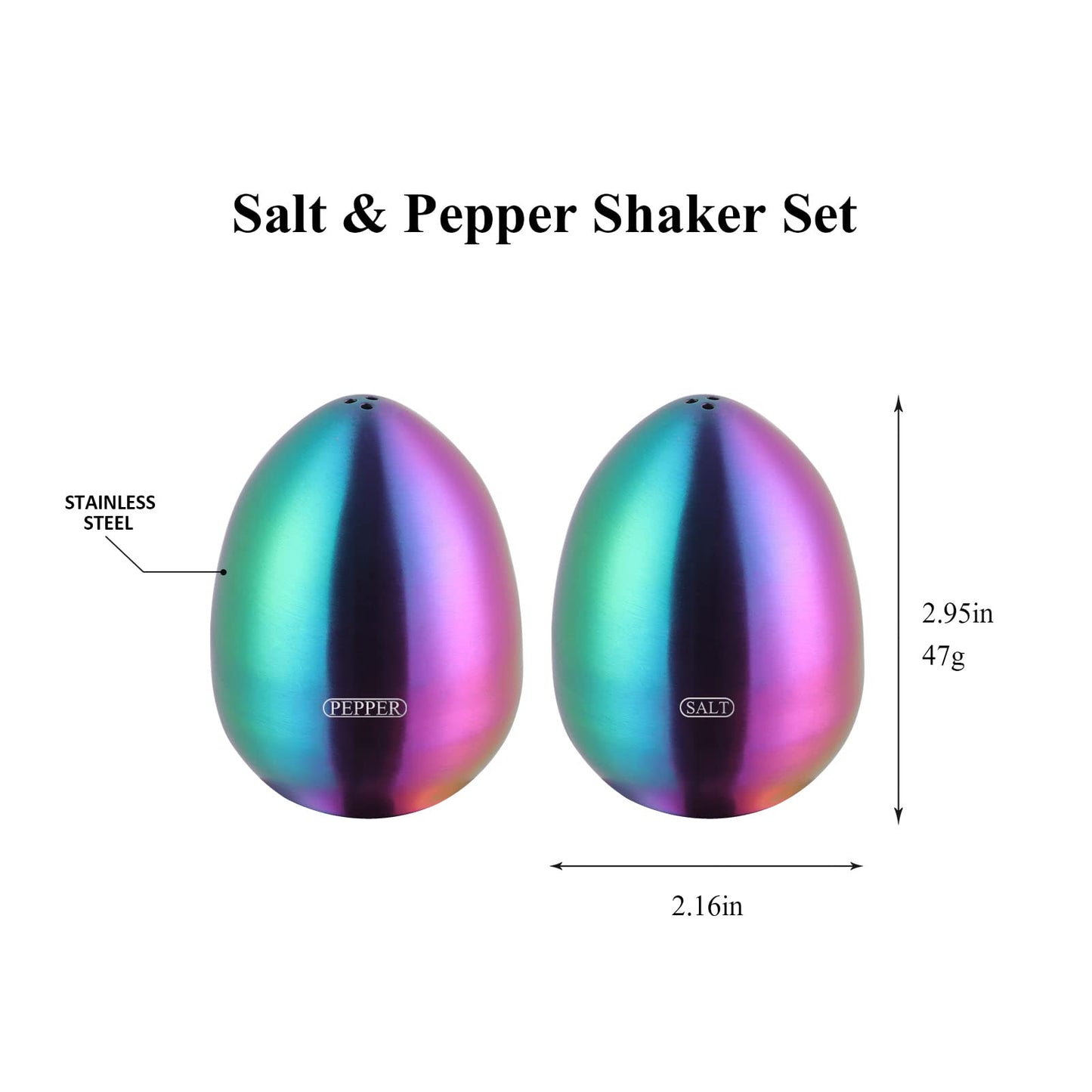 2-Piece Set Rainbow Salt Pepper Shakers, Cute Egg Shape Stainless Steel Condiment Jar for Home and Kitchen Utensils, Comfortable and Ergonomic