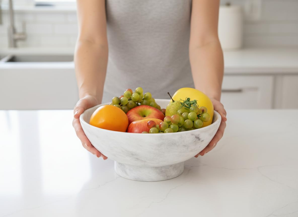 Marble Fruit Bowl For Kitchen Counter White 10" Inch Handmade Fruit Dish, Decorative Bowls For Entryway Table, Modern Candy Bowl For Kitchen Storage