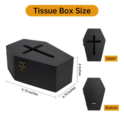 Gothvanity Gothic Coffin Tissue Box Holder - Cross Design Spooky Dark Aesthetic Dispenser, Wooden Black Home Decor, Fits Square & Rectangle Tissues