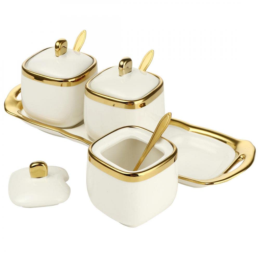 Porcelain Condiment Jar Spice Container with Tray Ceramic Serving Spoon and Lid, Spice Sugar Ceramic Condiment Pot Creative Seasoning Box for Your Home, Kitchen, Counter (White)