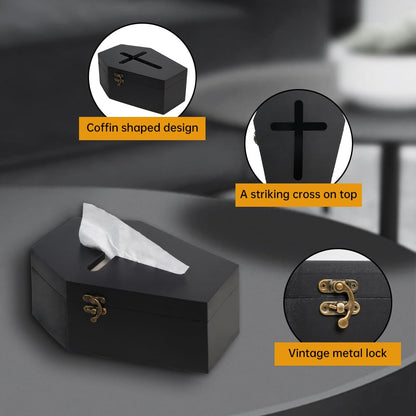 Gothvanity Gothic Coffin Tissue Box Holder - Cross Design Spooky Dark Aesthetic Dispenser, Wooden Black Home Decor, Fits Square & Rectangle Tissues