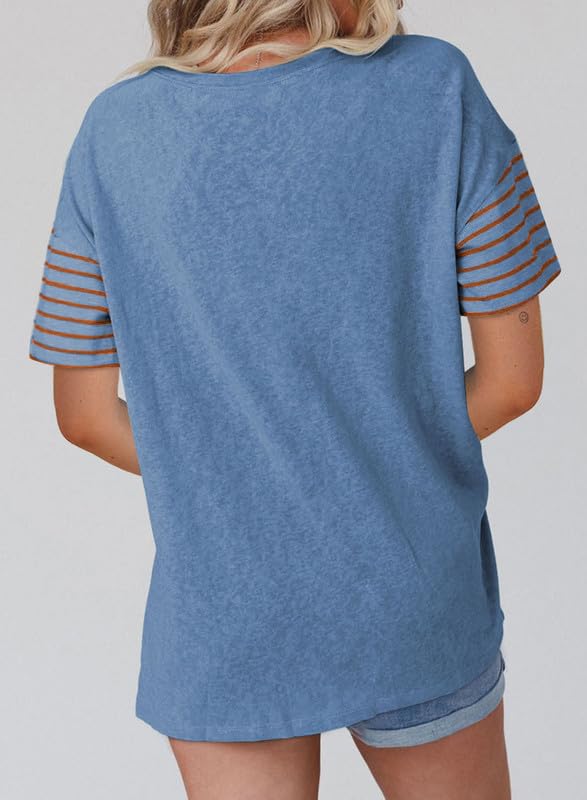 SHEWIN Womens Shirts Casual Short Sleeve Tshirt Loose Crewneck Color Block Tee Shirt Side Spilt Summer Tops for Women Trendy 2025 Blue Orange S