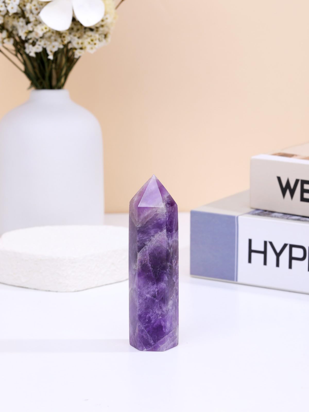 Jovivi Amethyst Healing Crystal Wands,3.5"-4" Polishied Natural 6 Faceted Single Point Chakra Crystal Wand for Reiki Energy Meditation Stone Home Decor Collection Gift 1PC