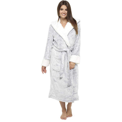 Style It Up Ladies Luxurious Soft Dressing Gown Hooded Plain Fluffy Snuggle Fleece Warm Robe, (GREY, 12-14)
