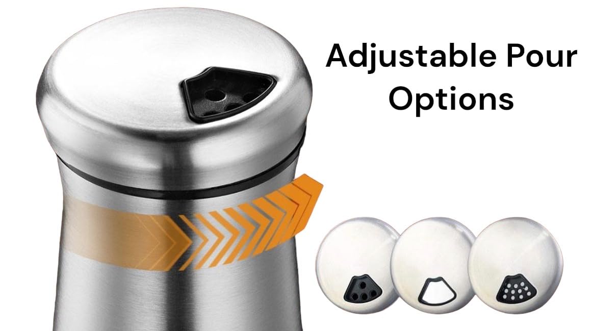 Elegant Silver Salt and Pepper Shaker Set Adjustable Stainless Steel and Glass Modern Design Adjustable Top Makes it the ideal Spice and Seasoning Dispenser Kitchen Sugar and Cinnamon Shakers