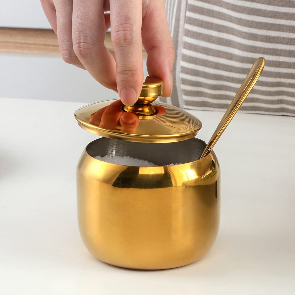 TUPMFG 3-Piece Seasoning Box with Spoon and Lid 304 Stainless Steel Condiment Canisters Pots Seasoning Jars for Spice Salt Sugar-Gold