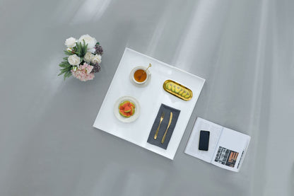 BEYLANG Glossy White Sturdy Acrylic Serving Tray with Handles-24x24Inch-Serving Coffee,Appetizer,Breakfast,Butler-Kitchen Countertop Tray-Makeup Drawer Organizer-Vanity Table,Ottoman Tray-Decorative