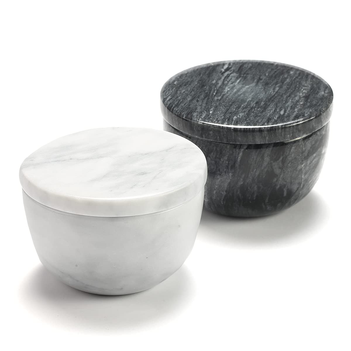 jalz jalz Marble Salt and Pepper Box Set with Spoons and Lid, Salt Cellar Salt Keeper Container, Black and White, Large Capacity 10 Ounce Bowl, 4 inch Diameter, 2.8 inch Height