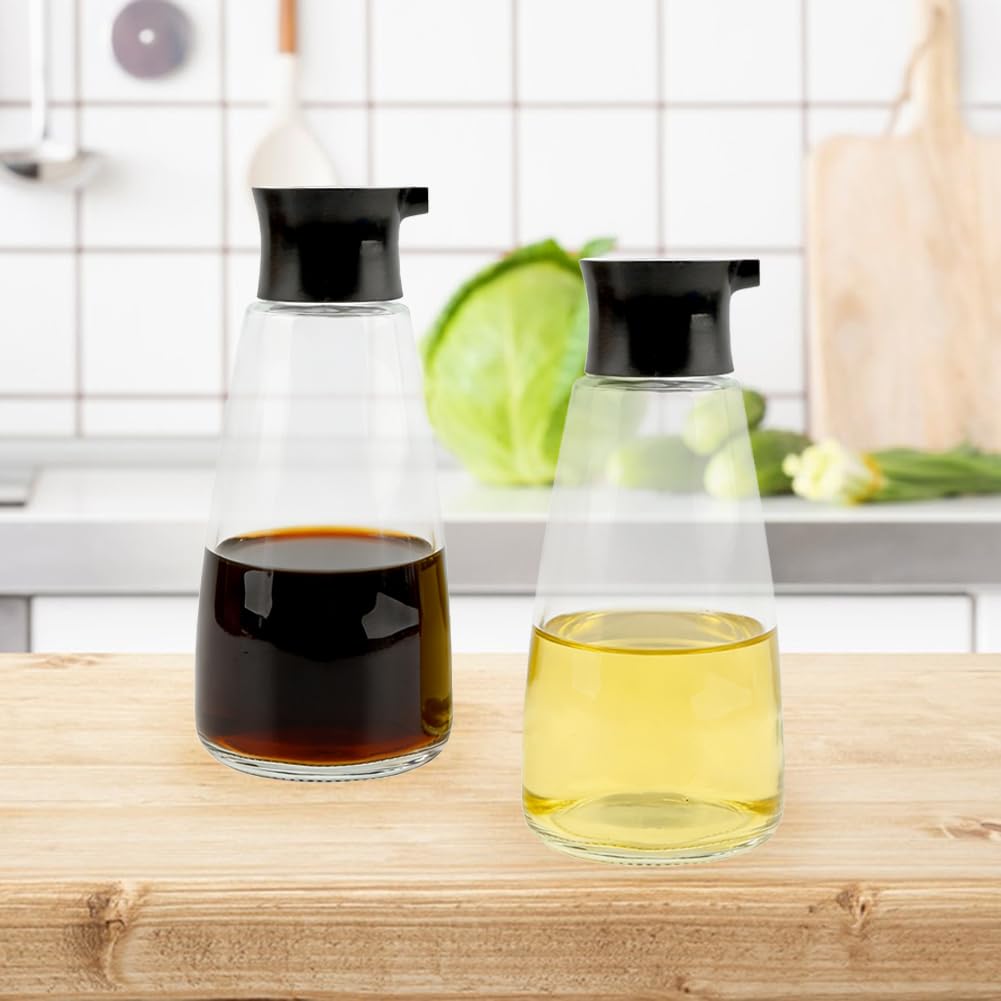 Quivorant 2pack Glass Soy Sauce Dispenser, 9.6oz Leak-Proof Clear Oil and Vinegar Bottles with Spout, Soy Sauce Containers Set with Blank Writable Labels, Cruet Dispenser for Kitchen Cooking Barbecue
