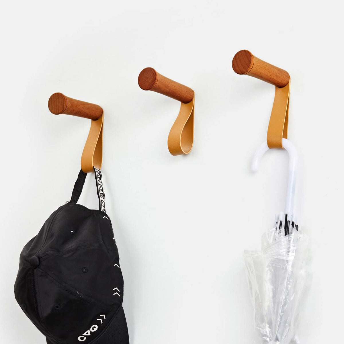 CoolCedar Adhesive Wall Hooks 6Pack Wood Hat Hooks Coat Rack Wall Mounted Extended Wooden Pegs for Hanging Keys, Cups, Baseball Caps, Pictures, Hat Hangers Rack with Leather (6Pack, Cherry-6cm)