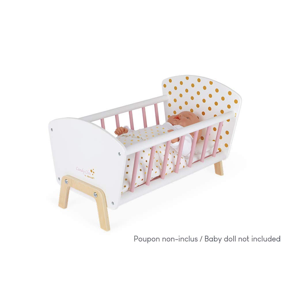 Janod - Candy Chic Doll's Bed Wooden Baby Doll Cradle Ages 3+ - Engaging in Imaginative Play - Stylish Design - Durable Construction and Safe Materials - Includes Bedding
