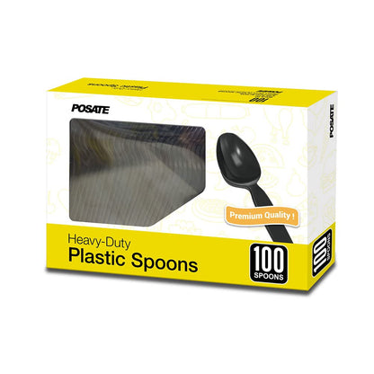 POSATE Heavyweight Plastic Spoons, Black, Pack of 100, Disposable Utensils for Party Supply