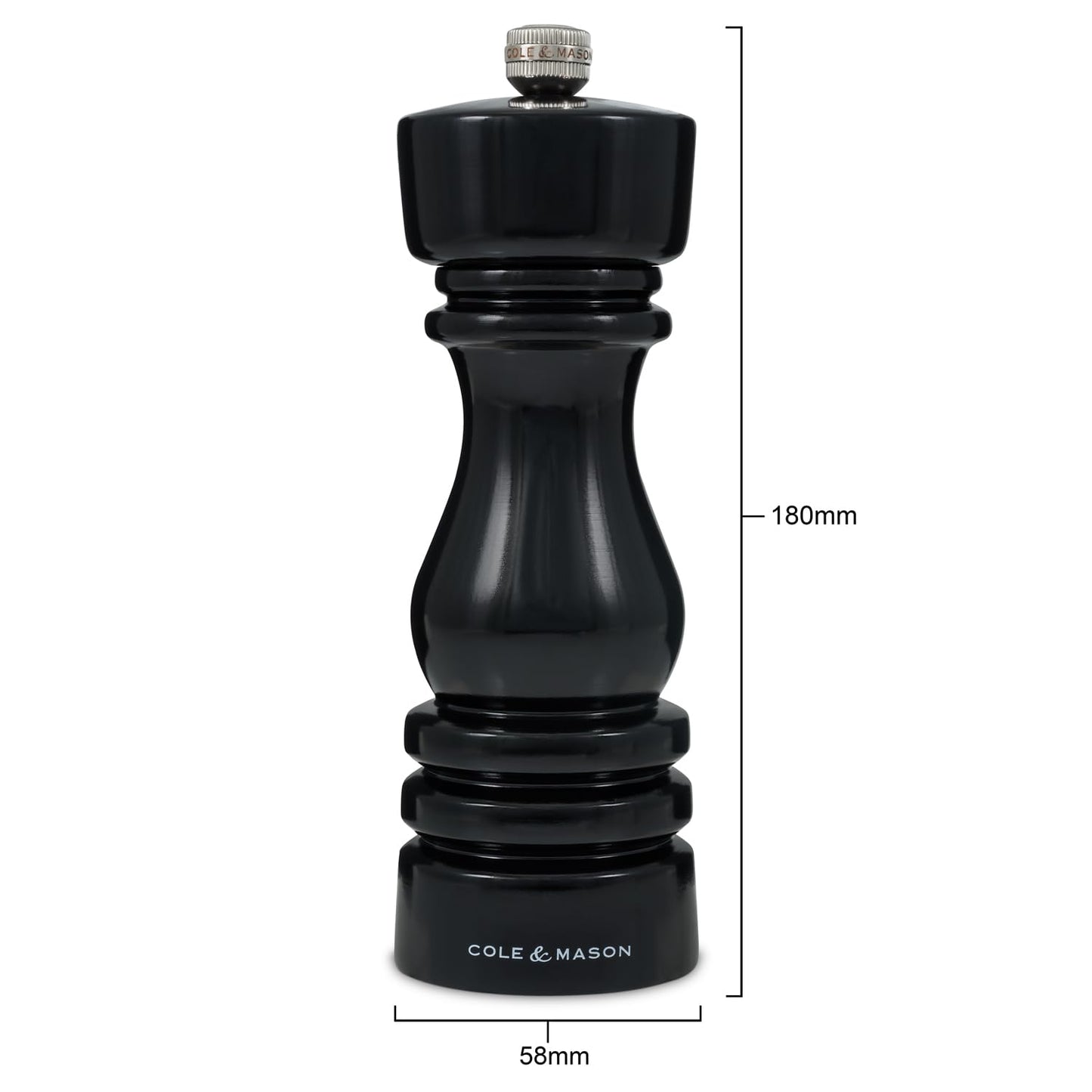 Cole & Mason London Refillable Spice Mill - Kitchen & Home Accessory - Table Black Pepper Grinder - Pepper Mill with Carbon Steel Mechanism - 7", Black Gloss
