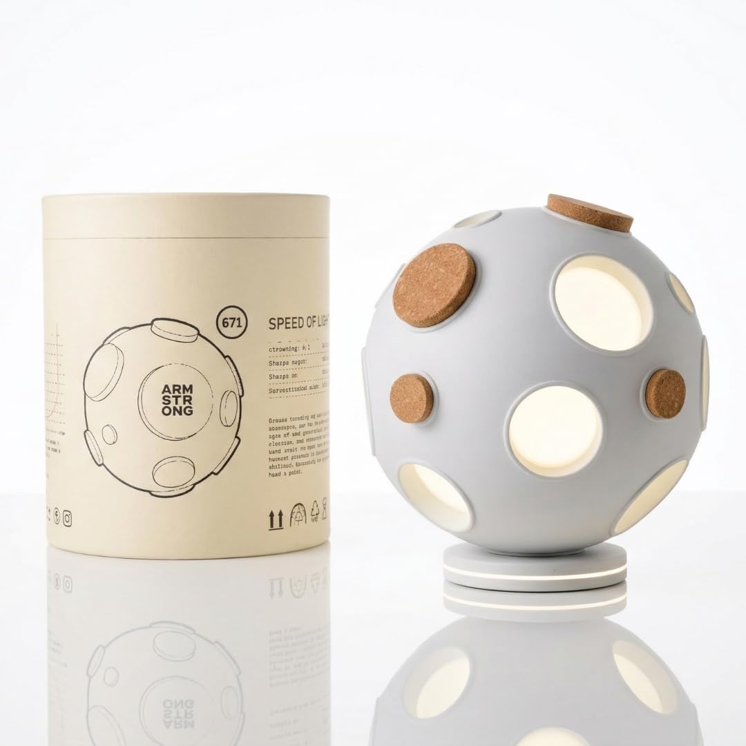 ARMSTRONG 671 Moon-Inspired Table Lamp, Adjustable Glow, Interactive Cork Details, Ergonomic Design,Ivory and Gray Available (Ivory)