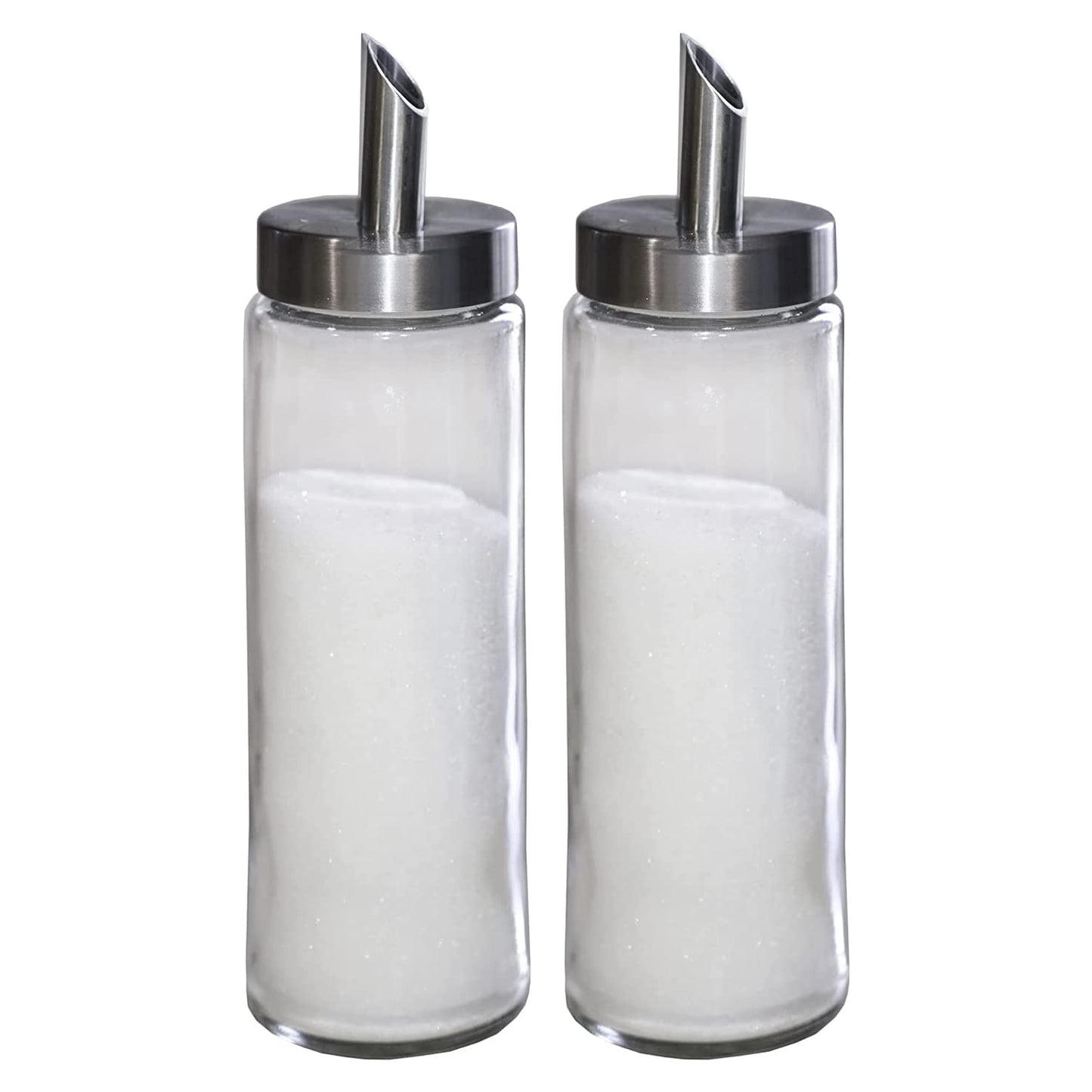 Neat Pour Sugar Dispenser, Shaker & Pourer - MODERN STYLE Brushed Nickel with Stainless Steel Lid, Dishwasher Safe for Sugar, Salt, Cocoa, Sprinkles. 8.4oz for coffee, tea, and baking (Pack of 2)