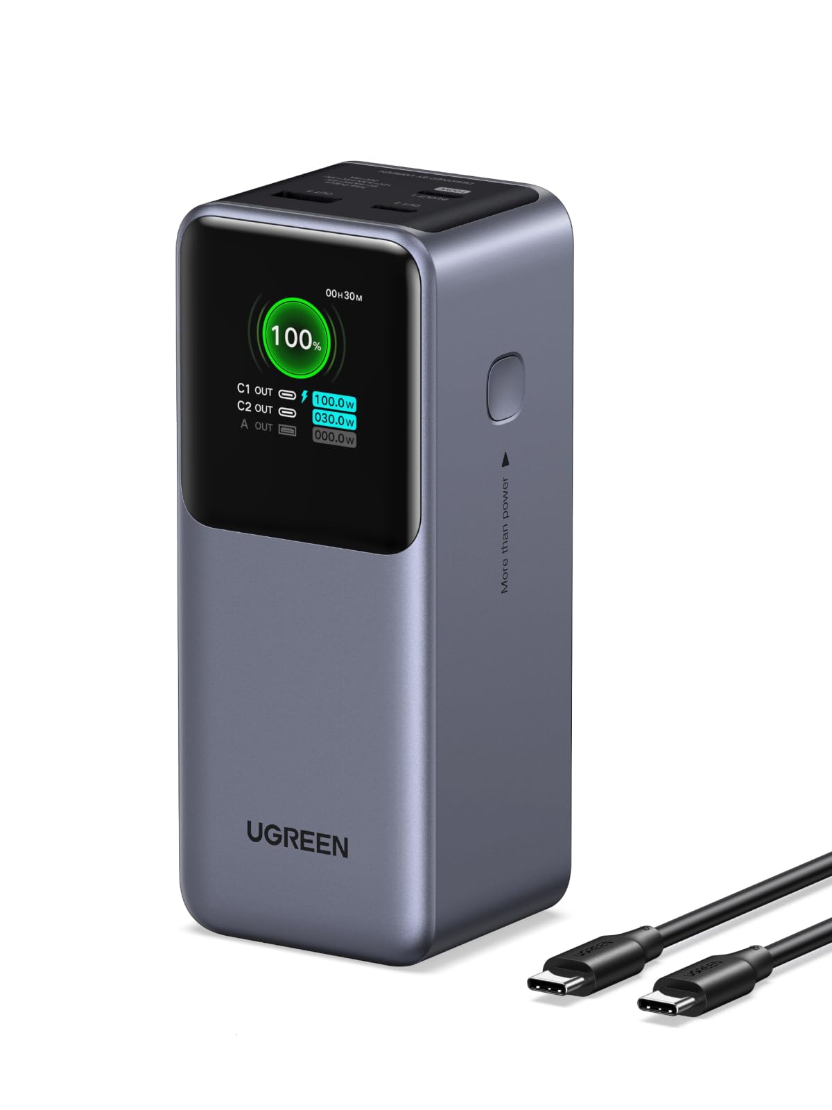 UGREEN Nexode Power Bank 20000mAh 130W Portable Charger 72Wh PD Fast Charging 3-Port USB C Battery Pack with TFT Smart Display for MacBook/iPad/iPhone 17/16/Samsung S24 and More