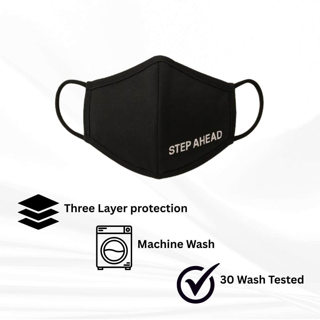 Step Ahead ® | 5 Pack Triple Layer Cotton Black Face Mask (Pack of 5) Unisex Reusable Fashion Washable | Nano Mesh Water Repellent Layer- Protects from Dust, Pollution, Droplets