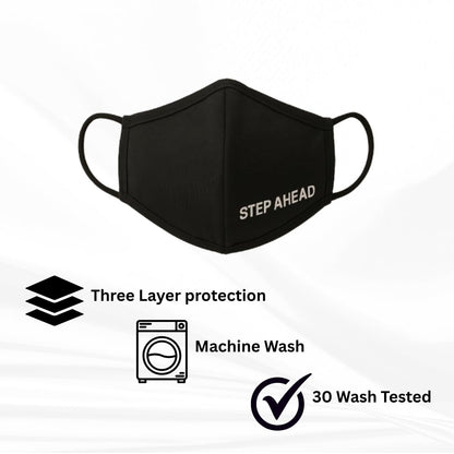 Step Ahead ® | 5 Pack Triple Layer Cotton Black Face Mask (Pack of 5) Unisex Reusable Fashion Washable | Nano Mesh Water Repellent Layer- Protects from Dust, Pollution, Droplets