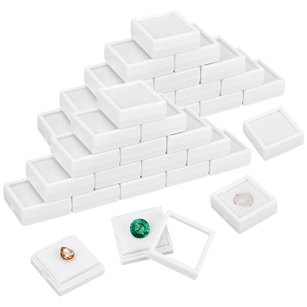 BENECREAT 48Pcs White Gemstone Display Box, 1.57x1.57x0.6Inch Plastic Transparent Bare Stone Box Square Gem Box with Clear Top Lids for Gems Jewelry Packing