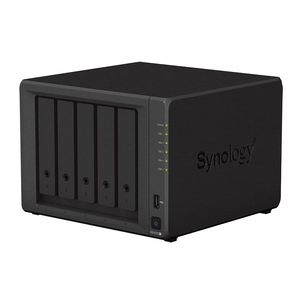 Synology DiskStation DS1522+ NAS Server Bundle with Ryzen 2.6 GHz CPU, 32GB Memory, 100TB HDD Storage, 1TB M.2 NVMe SSD, 4 x 1GbE LAN Ports, DSM Operating System