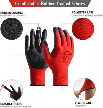 Ruiyang 24 Pairs Red And Black Worker Gloves Handling Safety Work Gloves General handling, Builders Construction, Engineering, Maintenance, Material Handling, Packing Warehouse (Large)