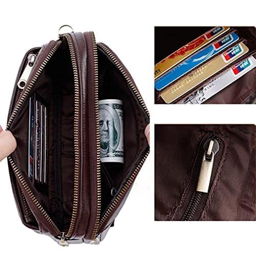 Leather Clutch Bag Wrist Purse for Men Women Business Organizer Wristlet Strap Pouch Coin Money Case Wallet Handbag Cell Phone Holder Daypack Coffee