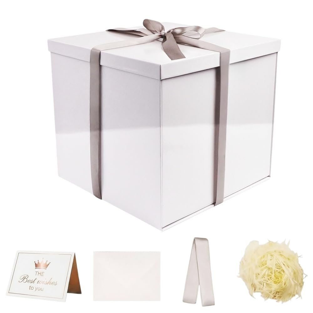UoeRing Glossy White Large Gift Box 1Pcs 12x12x11 Inch,Gift Box with Lid for Presents Birthdays,Christmas Valentine's Day,Mother's Day, with Ribbon Card Envelope Shredded Paper Fill