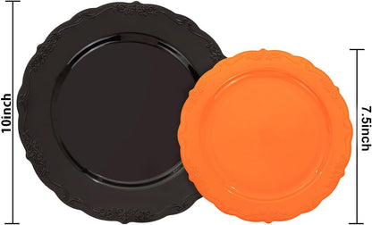 U-QE 60 Pieces Halloween Plastic Plates - Orange and Black Plates Disposable for Party - Halloween Party Supplies Including 30 Black Plastic Plate 10'' & 30 Orange Plate 7.5 ''