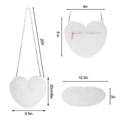 Miayon Heart Shaped Faux Fur Purse Fluffy Crossbody Shoulder Bag Cute Clutch Purses for Women Girls Halloween Christmas Valentine (White)