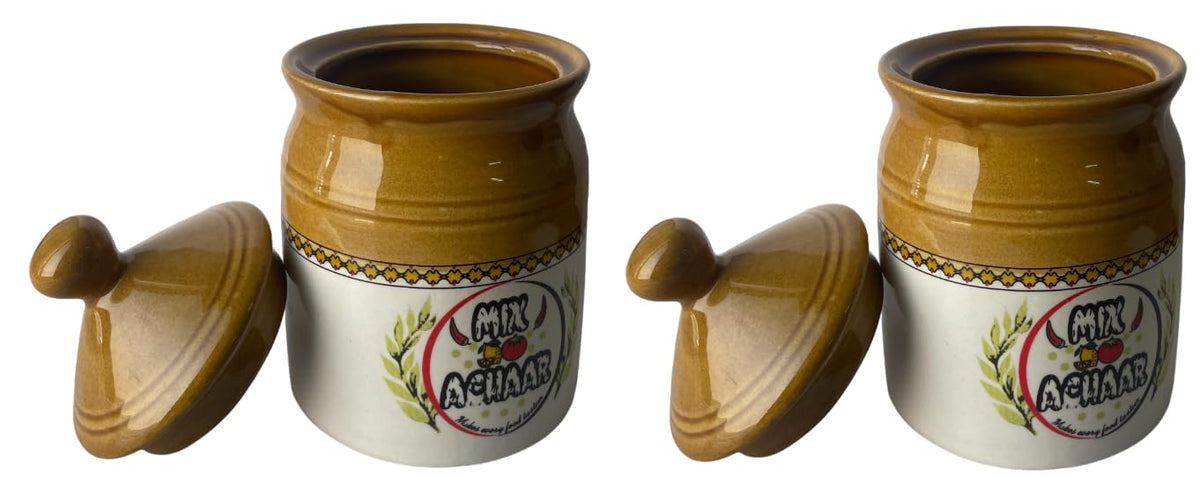 ADHAATA Indian Ceramic Pickle Pot With Lid | 500g Achar Barni | 500ml Kitchen Storage JAR Container | Store Achar, Salt, Ghee, Murabba, Dry Spices (Pack of 2)