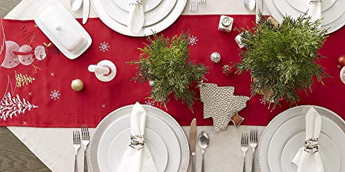 DII Embroidered Holiday Table Décor Collection Christmas Kitchen, Snowman Table Runner, 14x70, Red