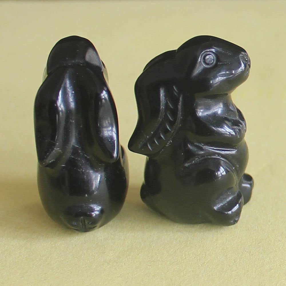 2pcs (Pair Mini Hand Carved Mixed Gemstone Crystal Rabbit Bunny Animal Figurine Animal Carving (Black Obsidian)