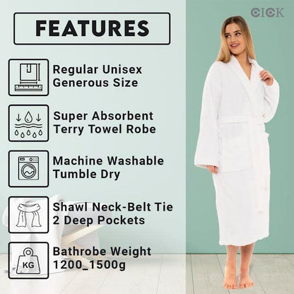 CICK Towelling Bath Robe Premium Quality Bathrobes for Women Highly Absorbent 100% Cotton Shawl Design for Men & Women for Loungewear (UK, Alpha, S, M, Regular, Regular, White)