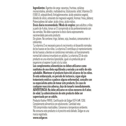 Solgar Vitamin D3 1000 IU (25 µg) Chewable Tablets - Pack of 100 - For Healthy Bones, Teeth and Muscle Function - Immunity - Gluten Free