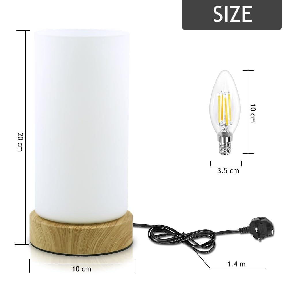 HSLighting Bedside Lamps, Touch Control Glass Table Lamp 3-Way Dimmable Wooden Grained Base Small Touch Lamps Bedside Minimalist Nightstand for Living Room Bedroom Children Room Decor with LED Bulb