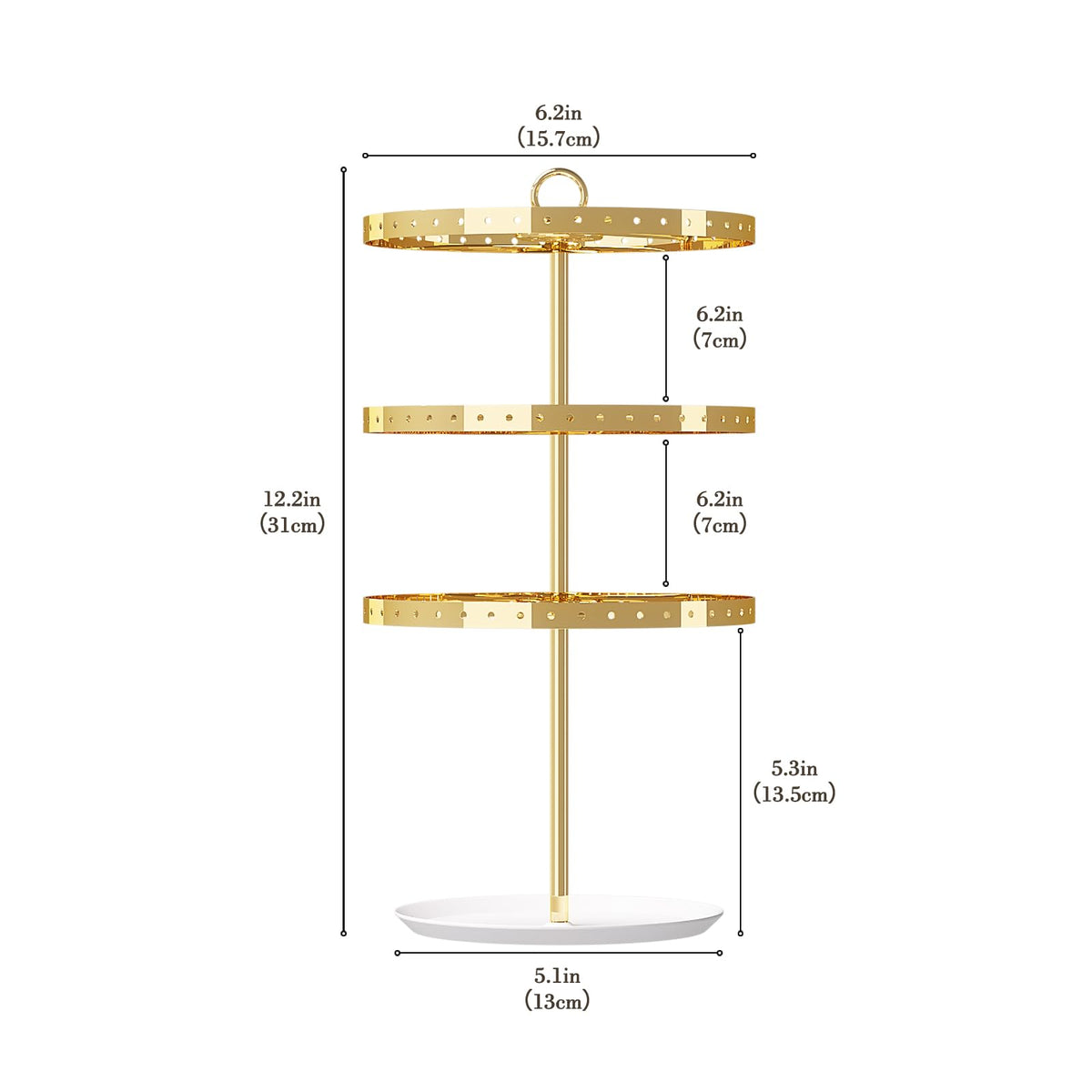 Gghenda 3-Tier Metal Earring Organizer Stand, 360° Rotation, 126 Holes, T-Shape Display Rack (Gold)