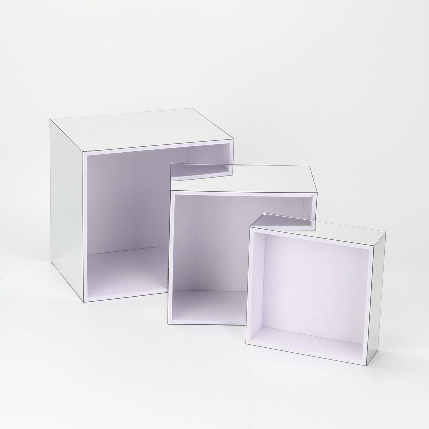 DIICCYO Glossy Silver Acrylic Boxes Dessert Collection Jewelry Perfume Display Stand Shelf, Hollow Bottom Cube Organizer Countertop Nesting Risers for Hangbag Shoe Home Boutique Retail Store, 3Pcs