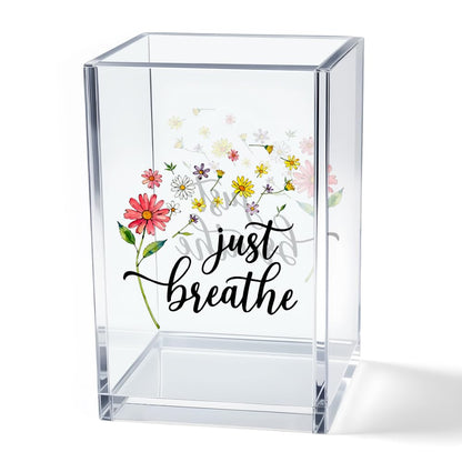 Vgrti Just Breathe Acrylic Cosmetic Pencil Pen Holder Cup, Inspirational Dandelion Desk Organizer Accessories for Home Office Decor, Encouragement Gifts for Women Girl Coworker Daughter Yoga Teacher