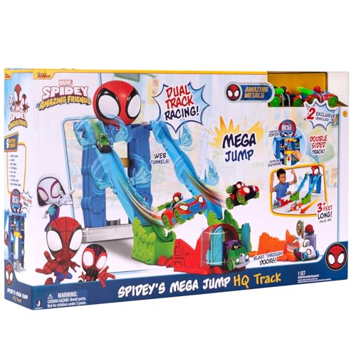 Marvel Spidey and His Amazing Friends Spidey’s Mega Jump HQ Track - 39-Inch Dual Race Track with Elevator, Control Center, Web Tunnels and Two Exclusive Amazing Metals Vehicles
