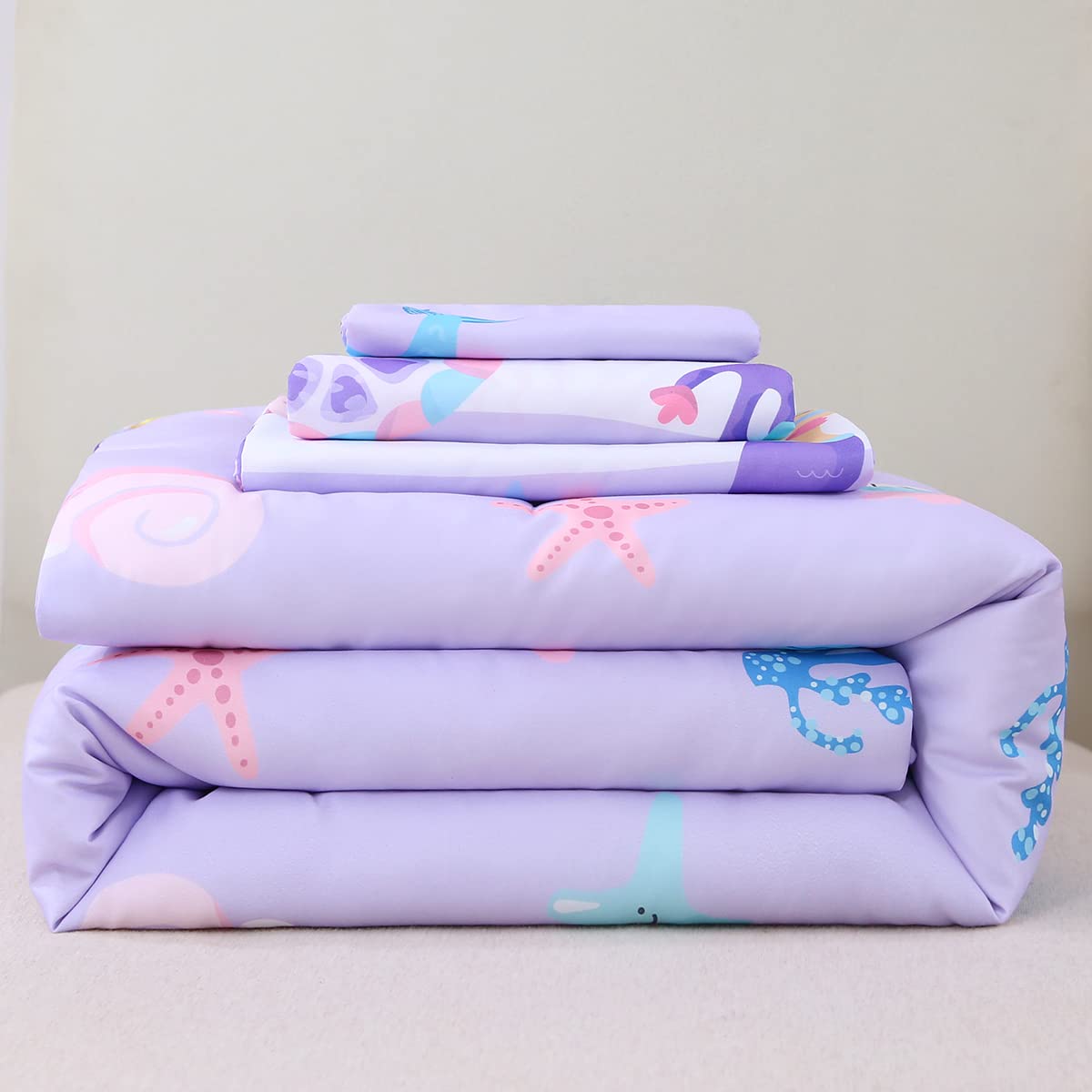 URBONUR 4-Piece Toddler Bedding Set - Ultra Soft Cartoon Mermaid Girls Toddler Comforter Set Coral Starfish - Include Comforter, Flat Sheet, Fitted Sheet and Reversible Pillowcase, Purple Mermaid