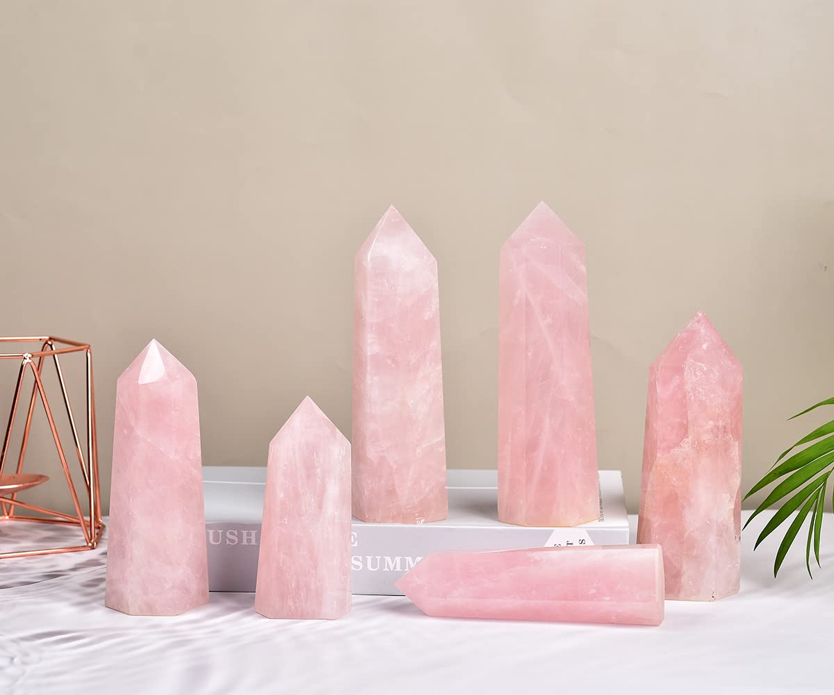 MOGEMT Natural Rose Quartz Obelisk Tower Large Healing Crystal Wand Point 6 Faceted Reiki Chakra Meditation Therapy 1-1.5 LBS