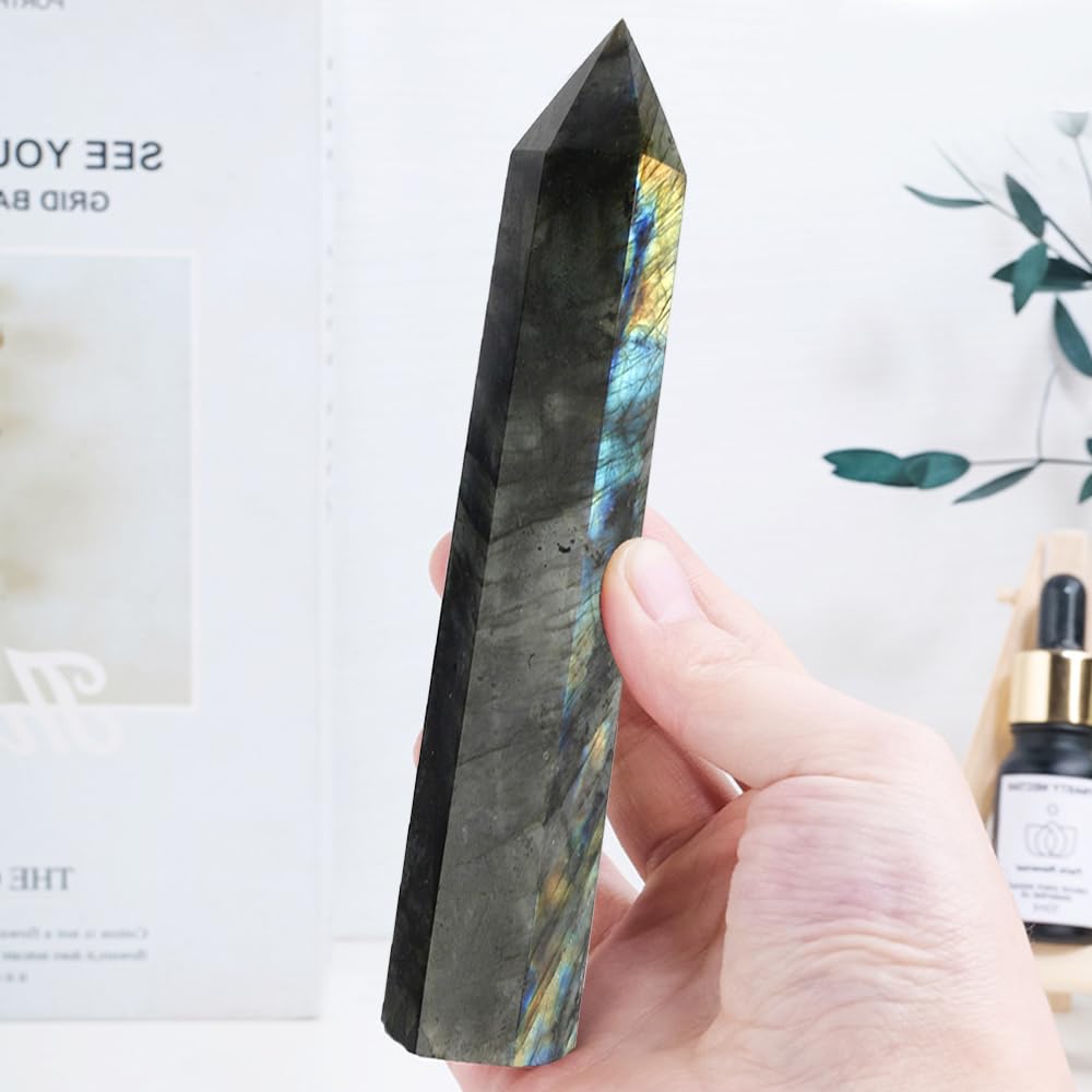 4Pcs 5.9 Inch Natural Crystal Obelisk Tower Set, Polished Hexagonal Point Wand, Obsidian Labradorite Amethyst Tiger's Eye Stone, Reiki Healing Crystal Obelisk Statue, Home Desktop Decor Spiritual Gift